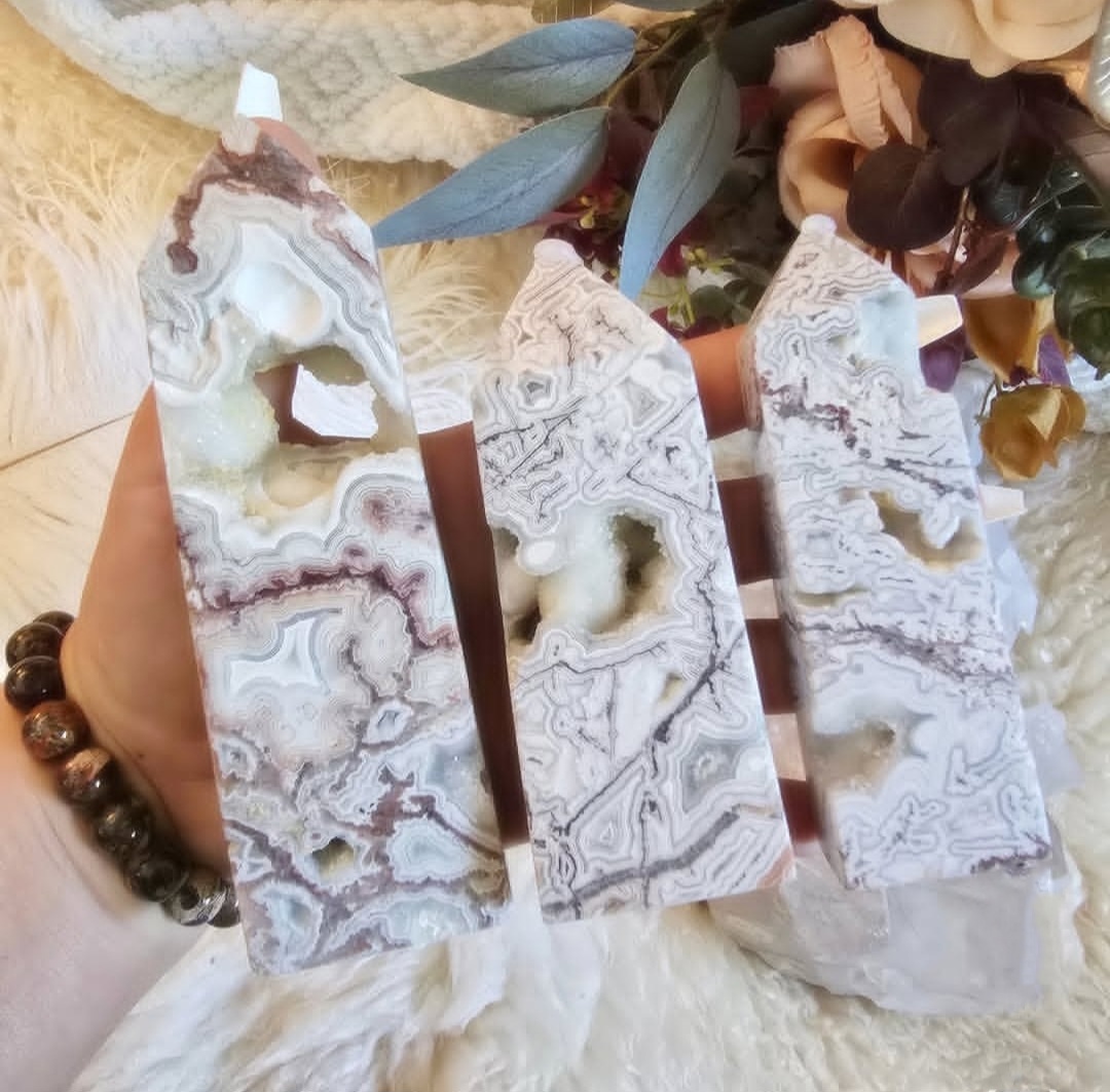 Mexican Crazy Lace Agate Towers Druzy Encrusted Caves