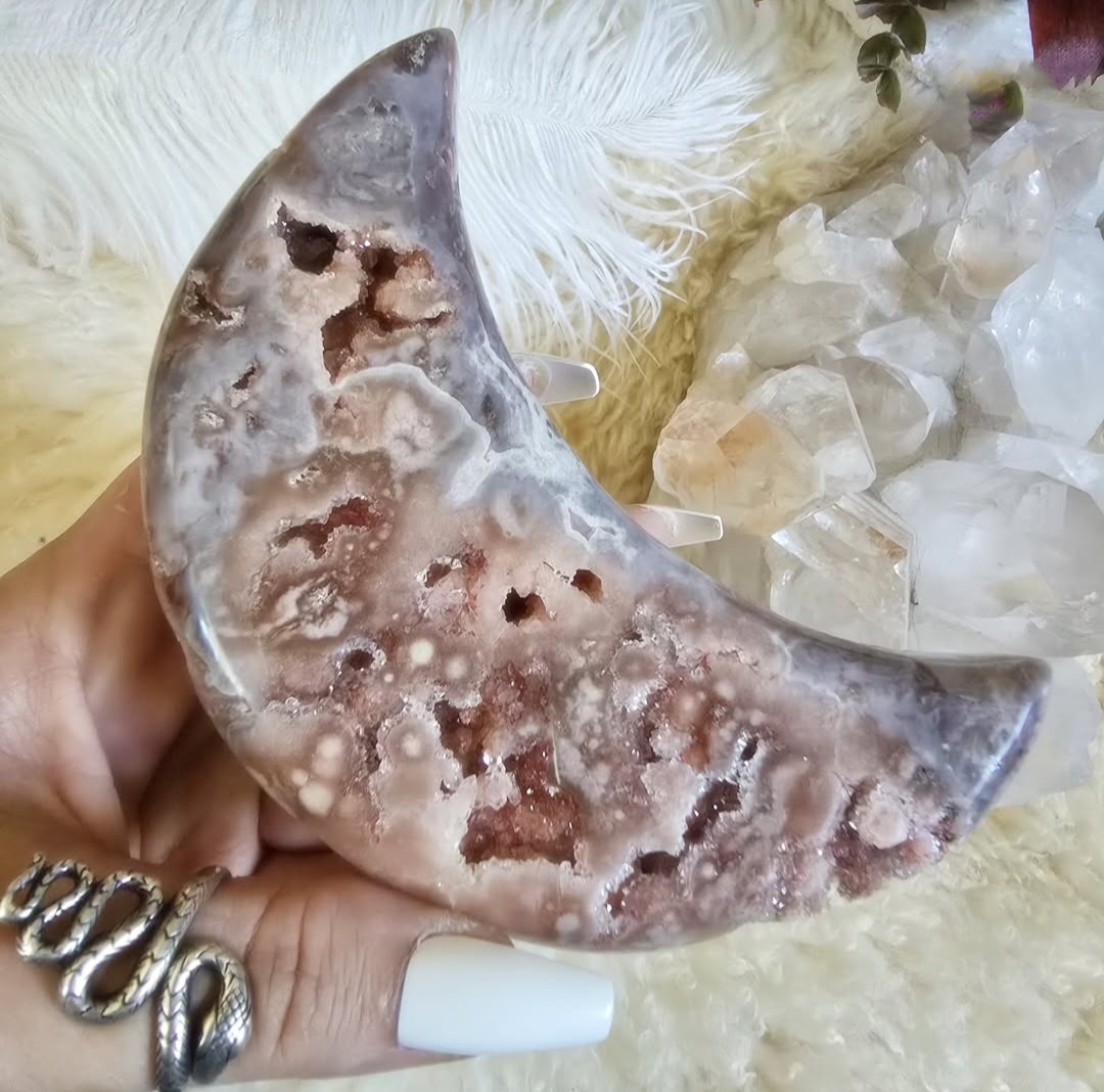 RARE Pink Amethyst Moon With Exceptional Sugar Druzy Pockets