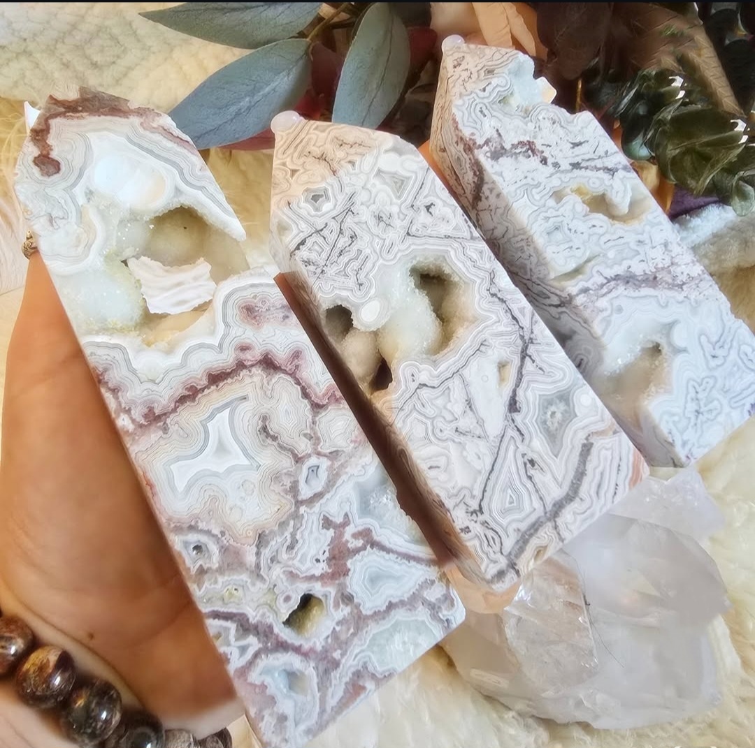 Mexican Crazy Lace Agate Towers Druzy Encrusted Caves