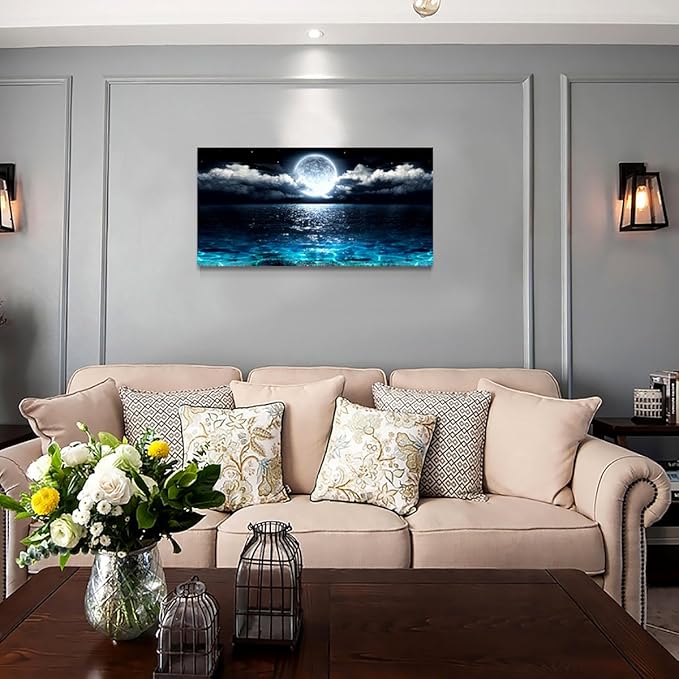Wall Art Moon Sea Ocean Landscape Picture Canvas Wall Art Print Paintings Modern Artwork for Living Room Wall Decor and Home Décor Framed Ready to Hang,28x57inches,1inch Thick Frame,Waterproof Artwork