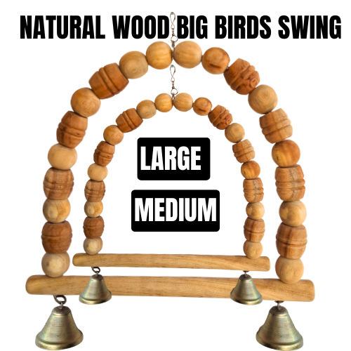 Kolachipets Wooden Bird Perch Toy | Natural Wood Beads Hanging Perch with Metal Bells | Handmade Cage Toy | Medium 30x30 cm, Large 45x38 cm | Suitable for Macaw, Cockatoo, Alexandrine, Ringneck, Conure, Cockatiel | Bird Toy