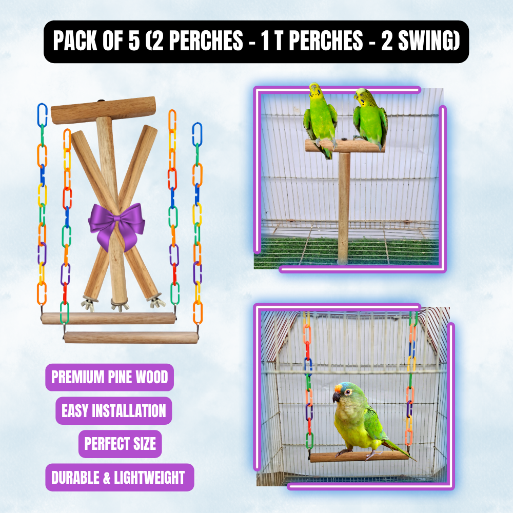 Bird Perch & Swing Set for Cage – Pine Wood Accessories for Budgies, Java Finches, Lovebirds & Small Birds | Multiple Combo Packs