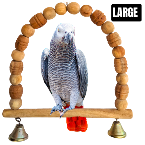 Kolachipets Wooden Bird Perch Toy | Natural Wood Beads Hanging Perch with Metal Bells | Handmade Cage Toy | Medium 30x30 cm, Large 45x38 cm | Suitable for Macaw, Cockatoo, Alexandrine, Ringneck, Conure, Cockatiel | Bird Toy