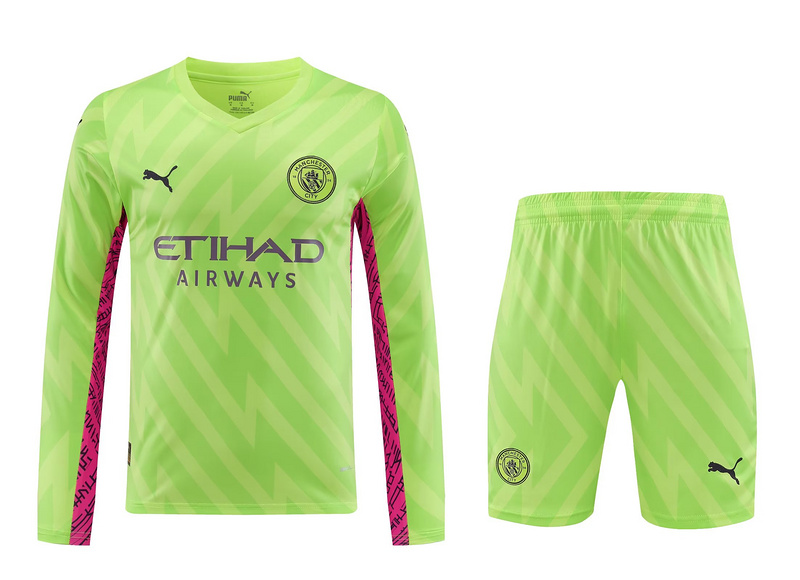 23-24 Man City green goalkeeper long sleeve jersey kit with shorts