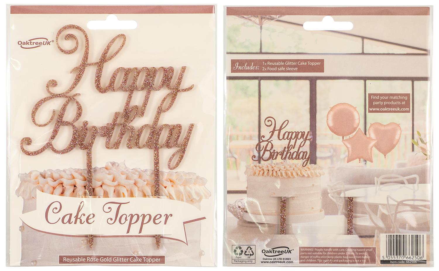 Reusable Happy Birthday Acrylic Sparkling Fizz Rose Gold Cake Topper