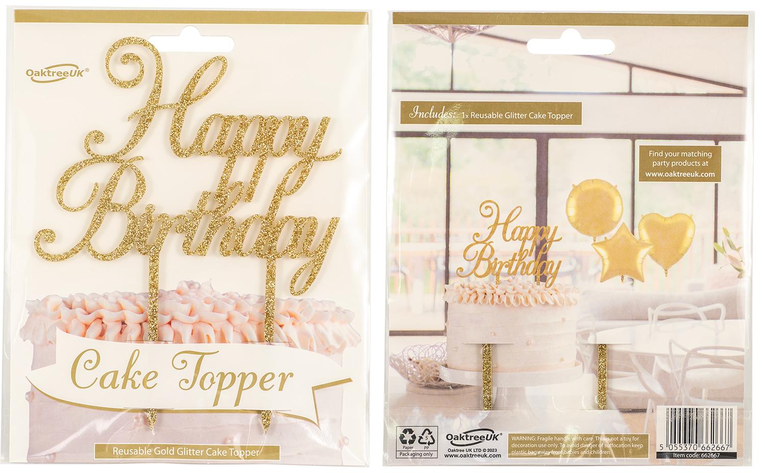 Reusable Happy Birthday Acrylic Sparkling Fizz Gold Cake Topper