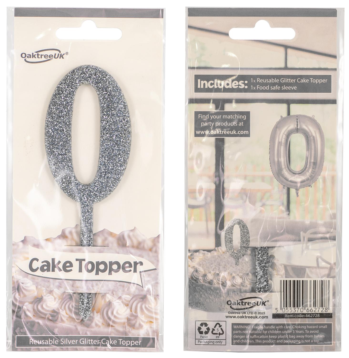 Reusable Acrylic Silver Glitter Number 0 Cake Topper