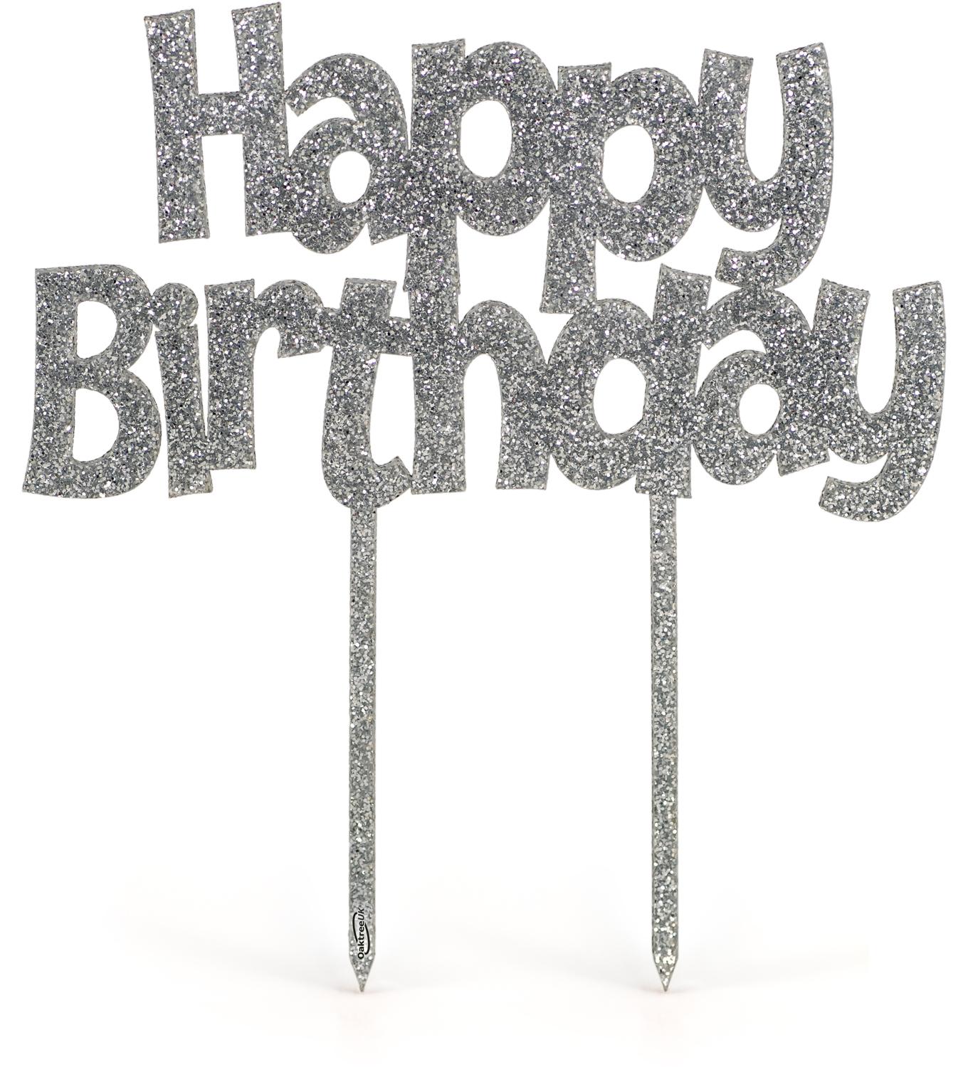Reusable Happy Birthday Acrylic Silver Glitter Cake Topper