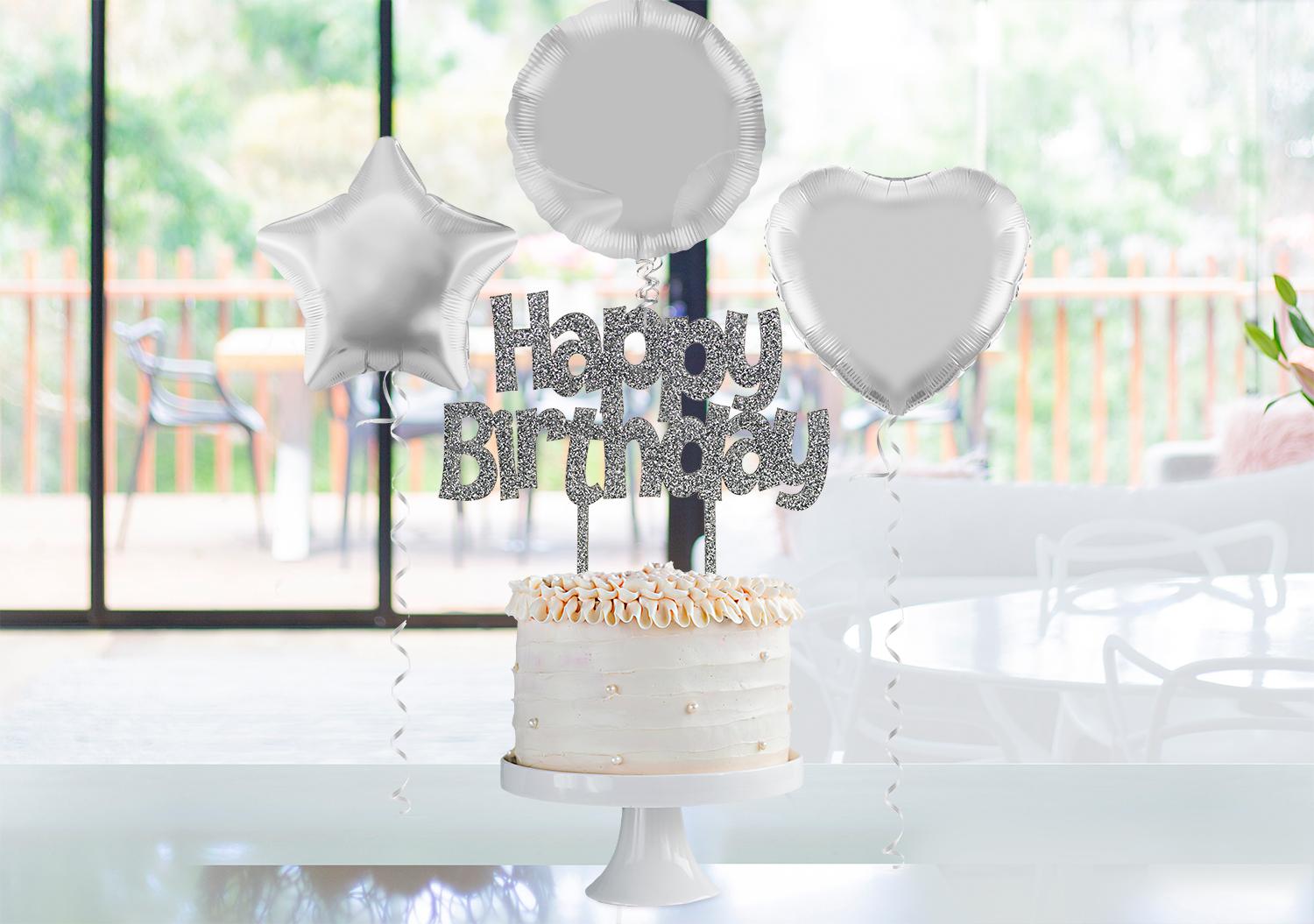 Reusable Happy Birthday Acrylic Silver Glitter Cake Topper
