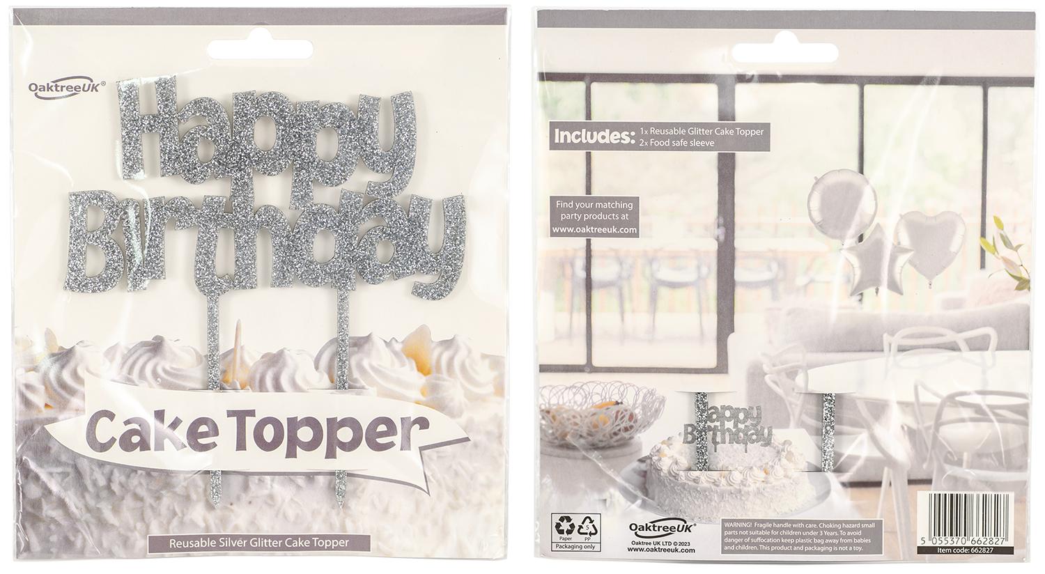 Reusable Happy Birthday Acrylic Silver Glitter Cake Topper