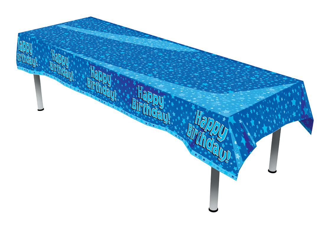 Happy Birthday Colourfast Plastic Table Cover 137cm x 260cm 1pc Blue