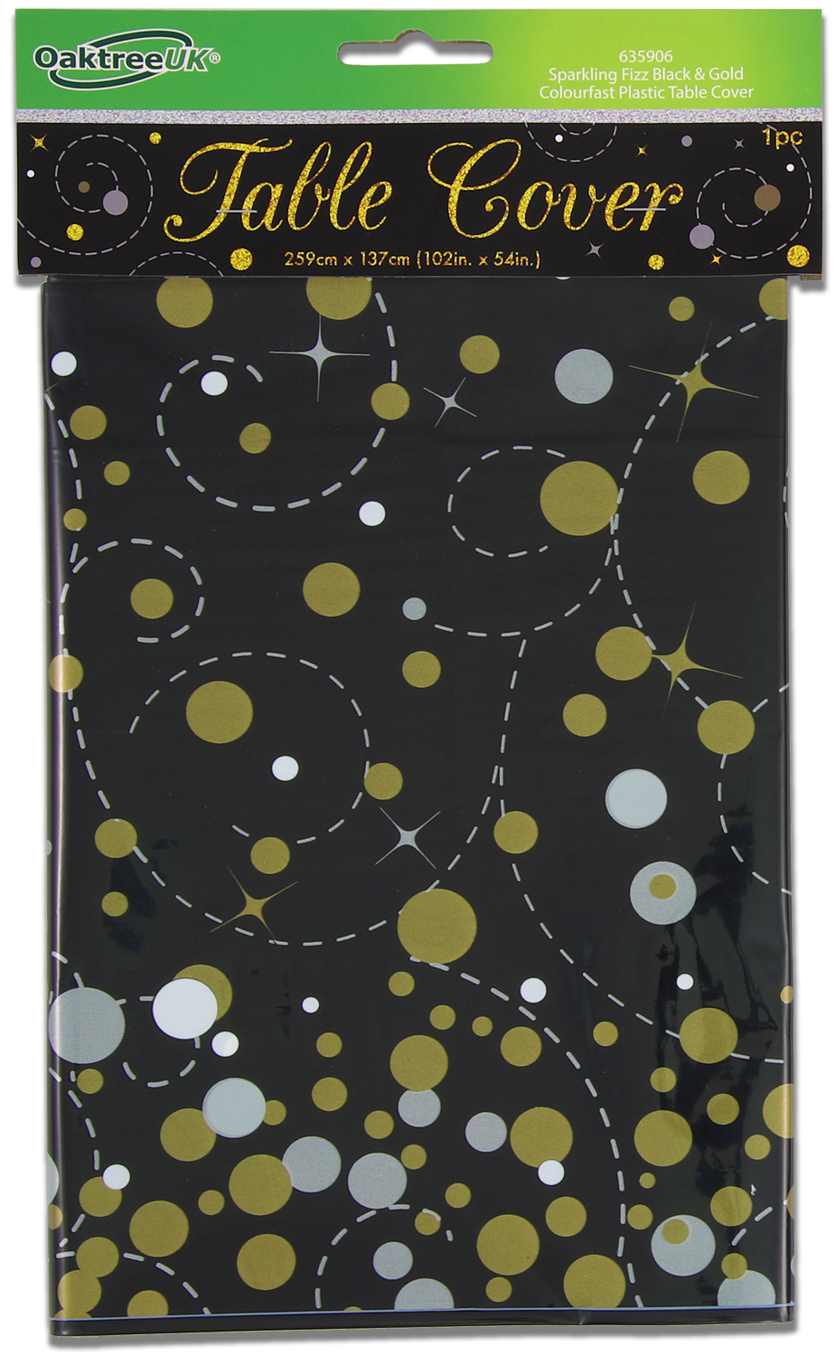 Sparkling Fizz Black & Gold Colourfast Plastic Table Cover 137cm x 260cm 1pc