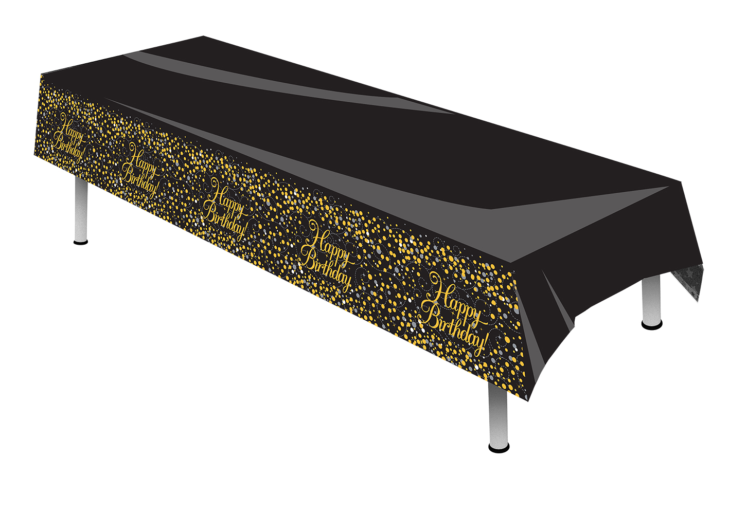 Happy Birthday Sparkling Fizz Black & Gold Colourfast Plastic Table Cover 137cm x 260cm 1pc