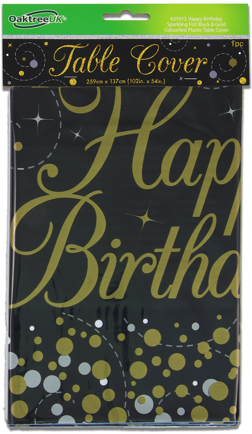 Happy Birthday Sparkling Fizz Black & Gold Colourfast Plastic Table Cover 137cm x 260cm 1pc