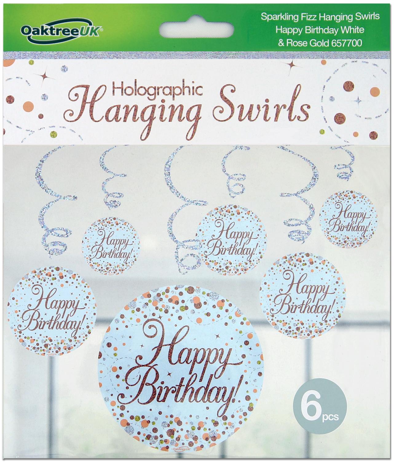  Happy Birthday Sparkling Fizz Hanging Swirls White & Rose Gold 6pcs