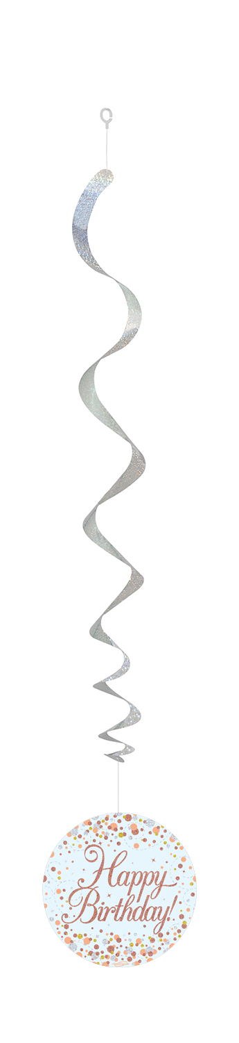  Happy Birthday Sparkling Fizz Hanging Swirls White & Rose Gold 6pcs