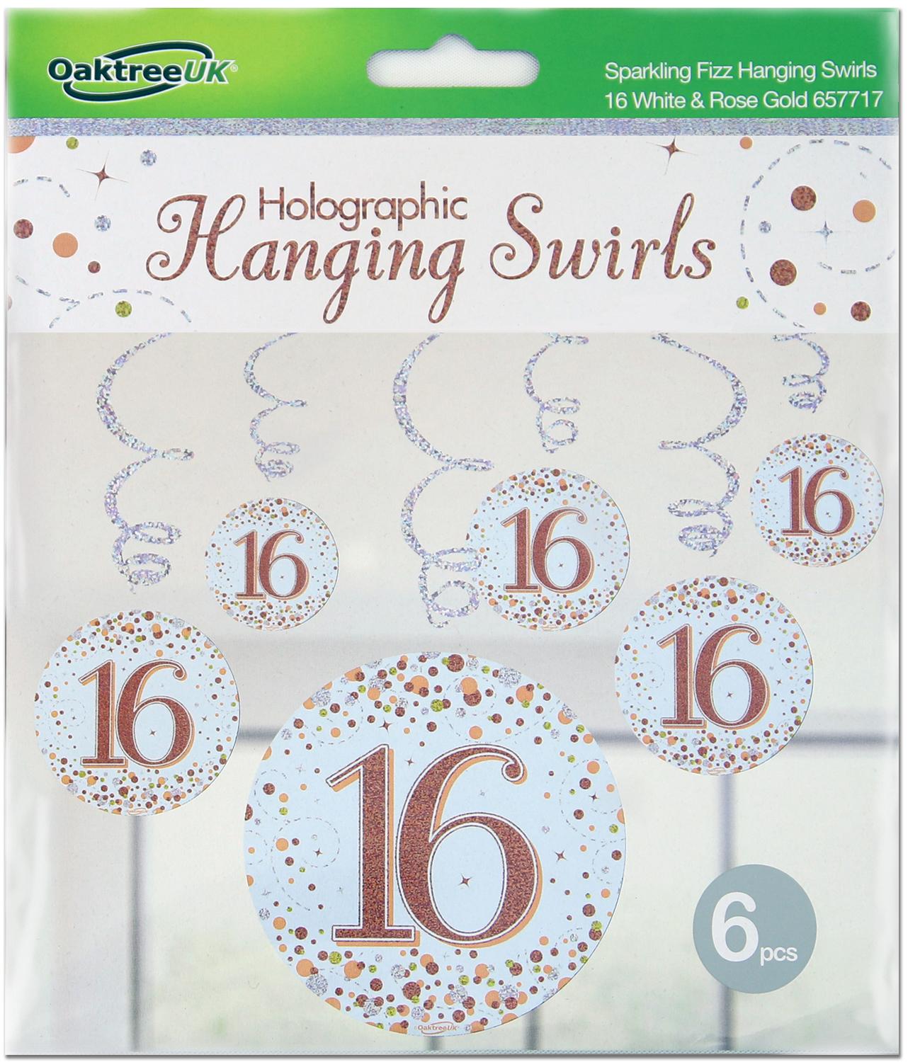 16th Sparkling Fizz Hanging Swirls White & Rose Gold 6pcs