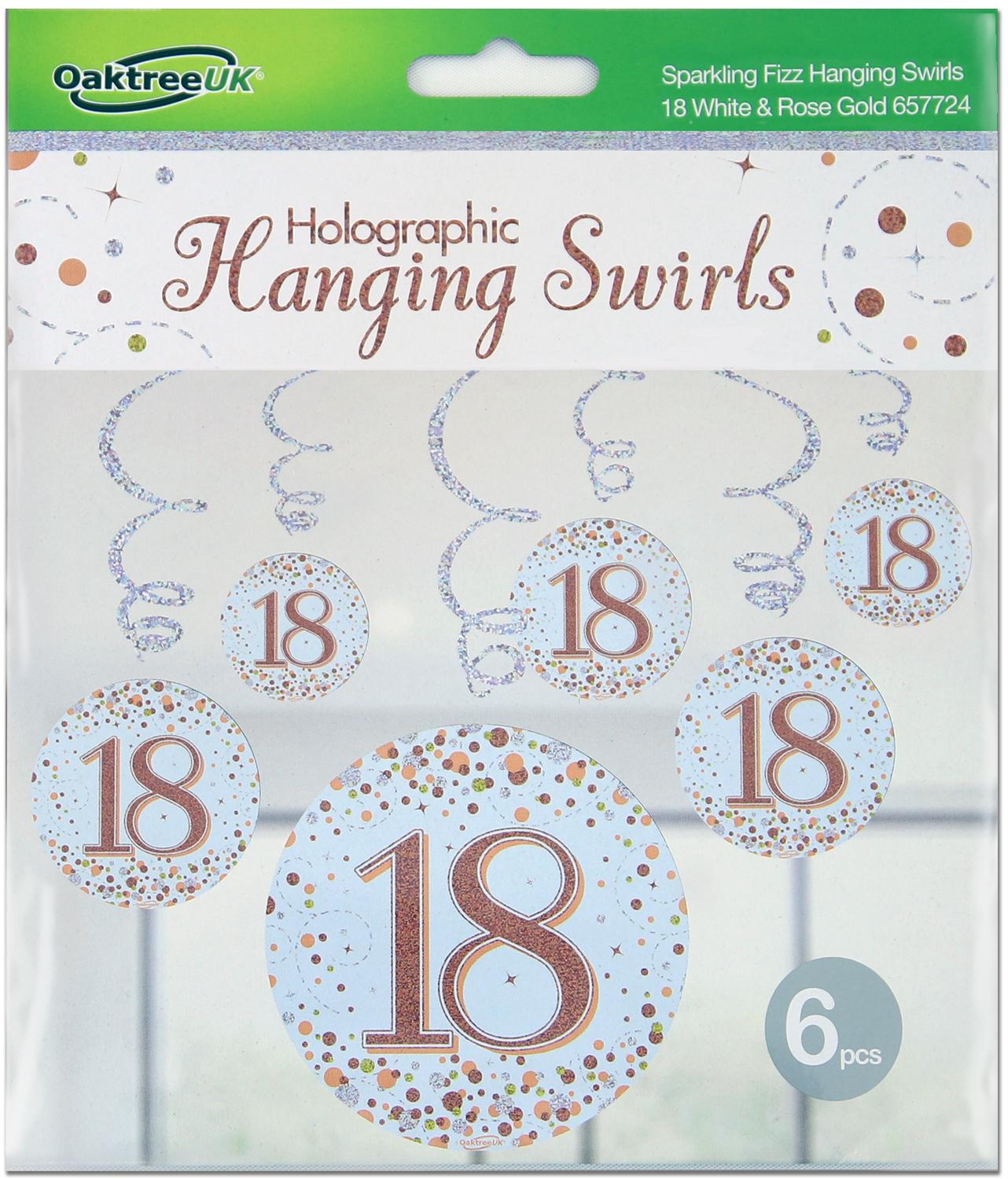 18th White & Rose Gold Sparkling Fizz Hanging Swirls 6pcs