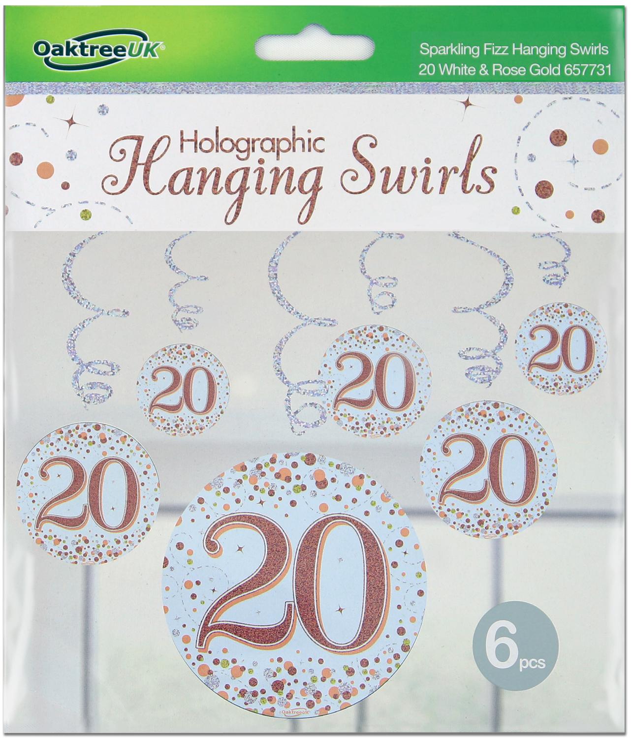 20th White & Rose Gold Sparkling Fizz Hanging Swirls 6pcs