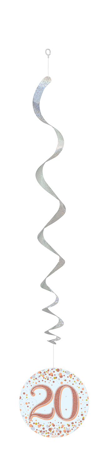 20th White & Rose Gold Sparkling Fizz Hanging Swirls  6pcs