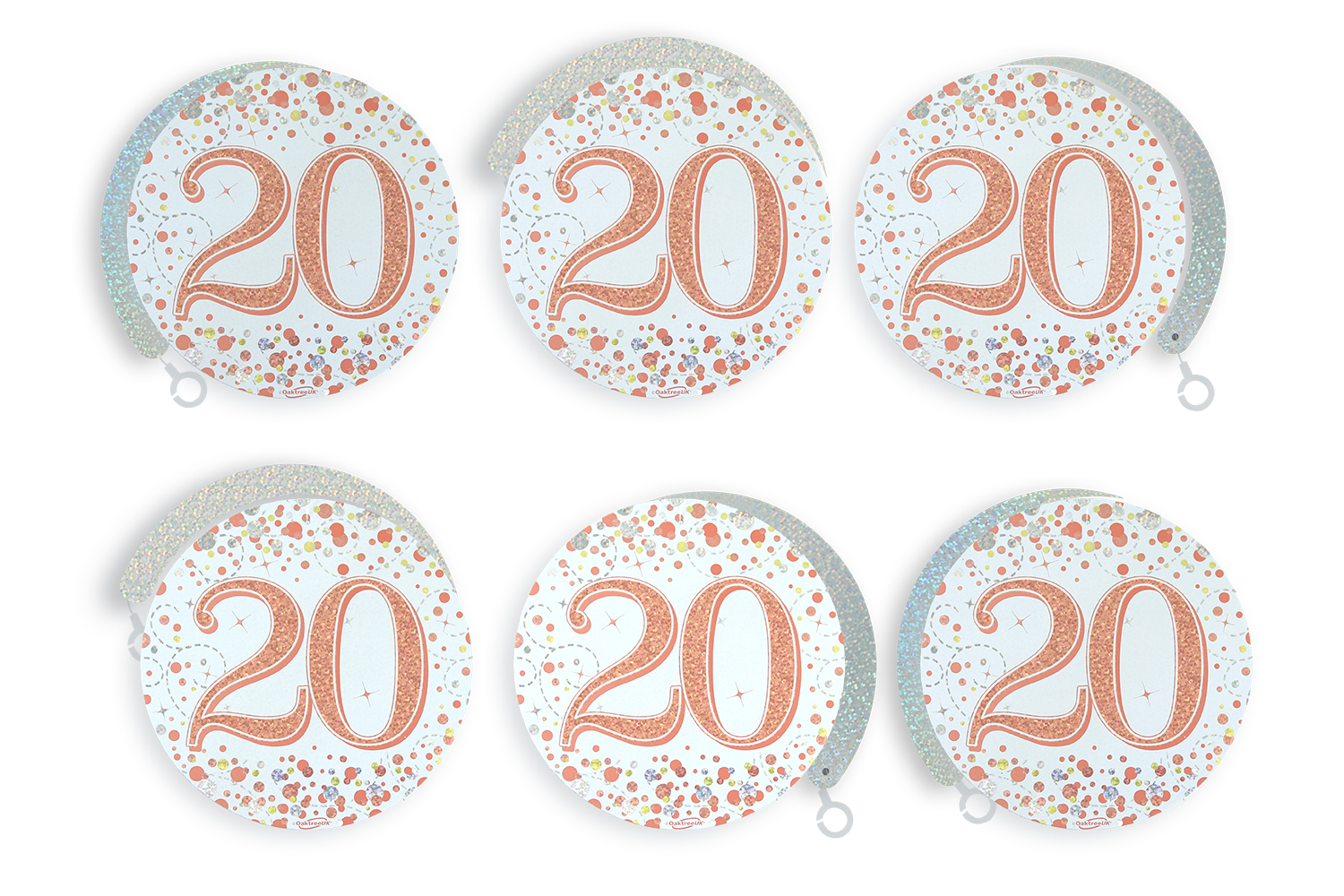 20th White & Rose Gold Sparkling Fizz Hanging Swirls  6pcs