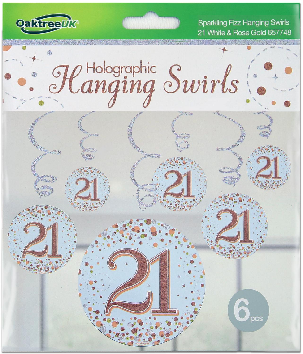 21st White & Rose Gold Sparkling Fizz Hanging Swirls 6pcs