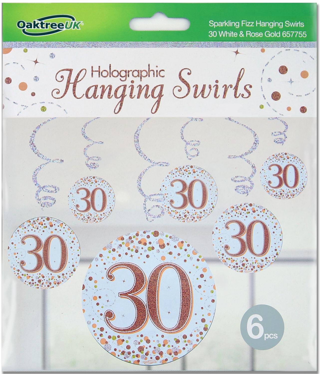 30th White & Rose Gold Sparkling Fizz Hanging Swirls 6pcs