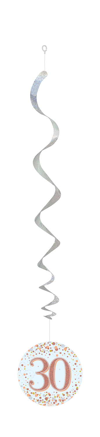 30th White & Rose Gold Sparkling Fizz Hanging Swirls 6pcs