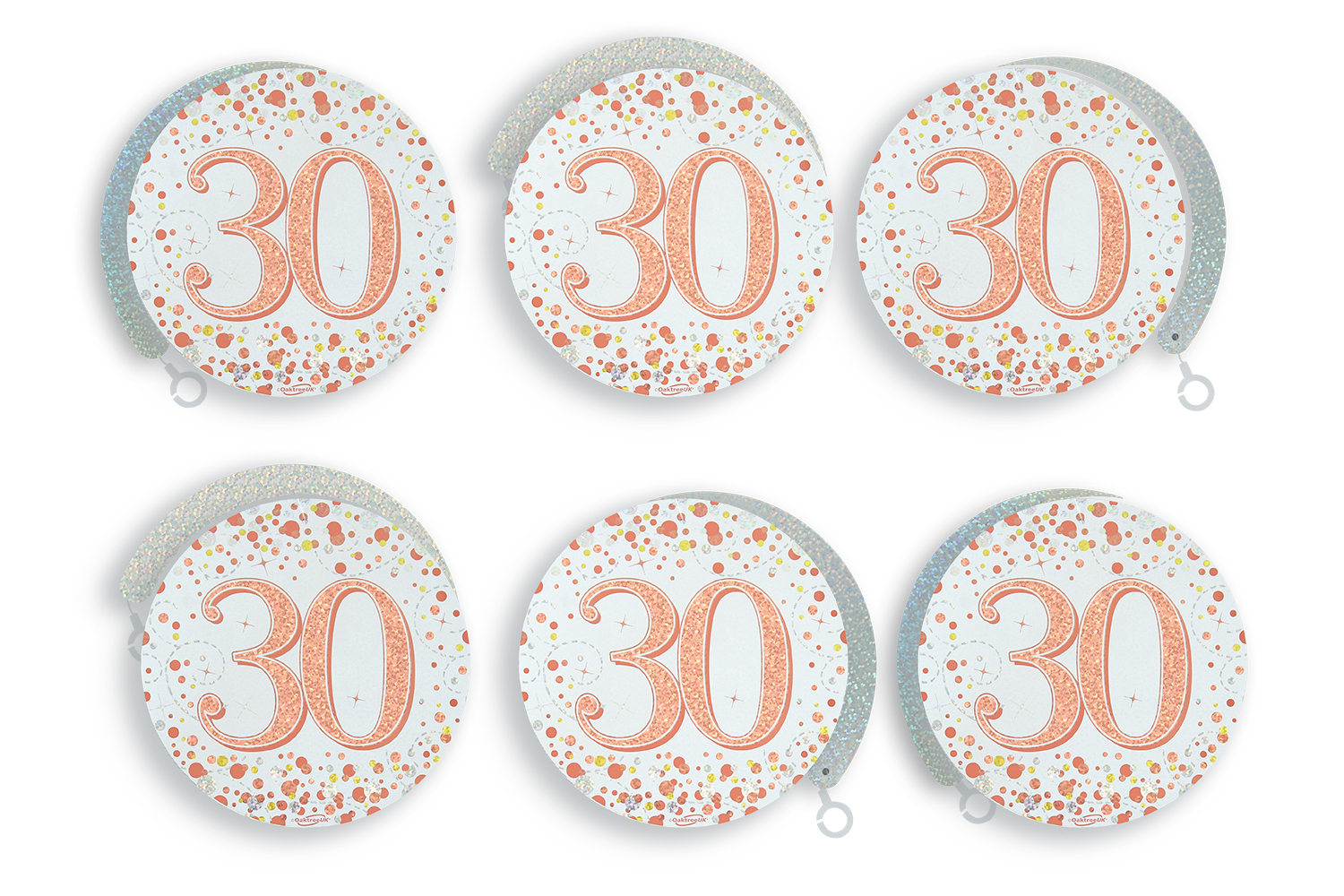 30th White & Rose Gold Sparkling Fizz Hanging Swirls 6pcs