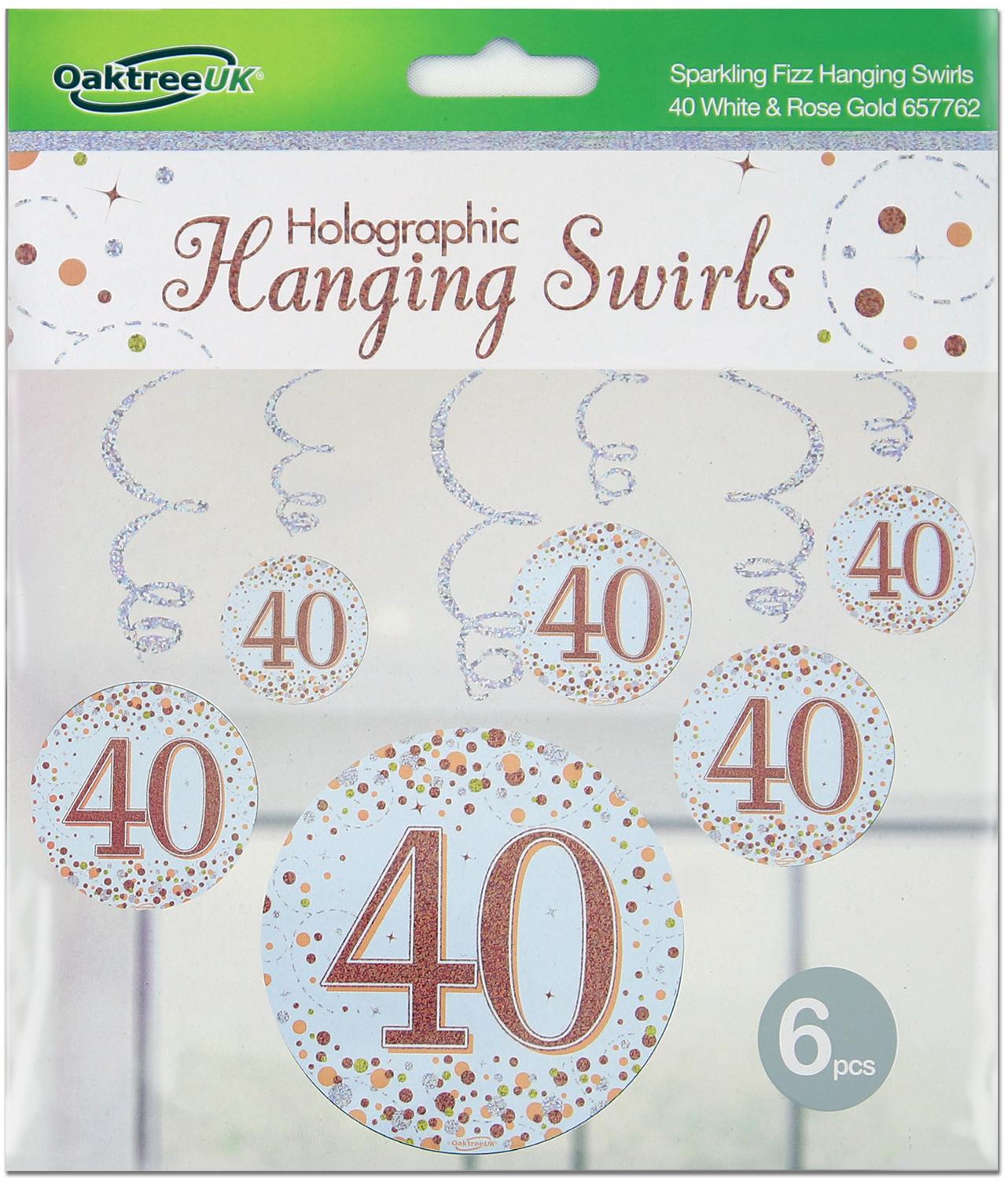  40th White & Rose Gold Sparkling Fizz Hanging Swirls 6pcs
