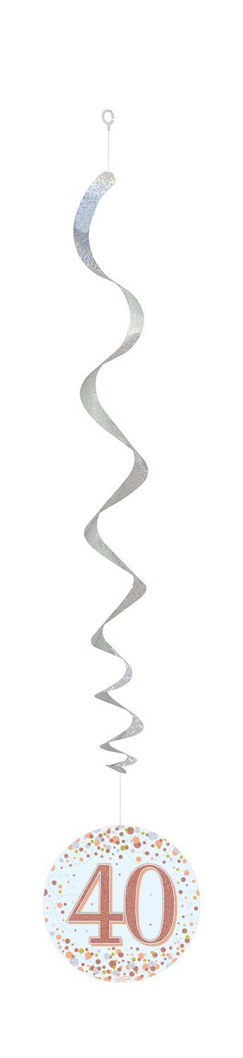  40th White & Rose Gold Sparkling Fizz Hanging Swirls 6pcs