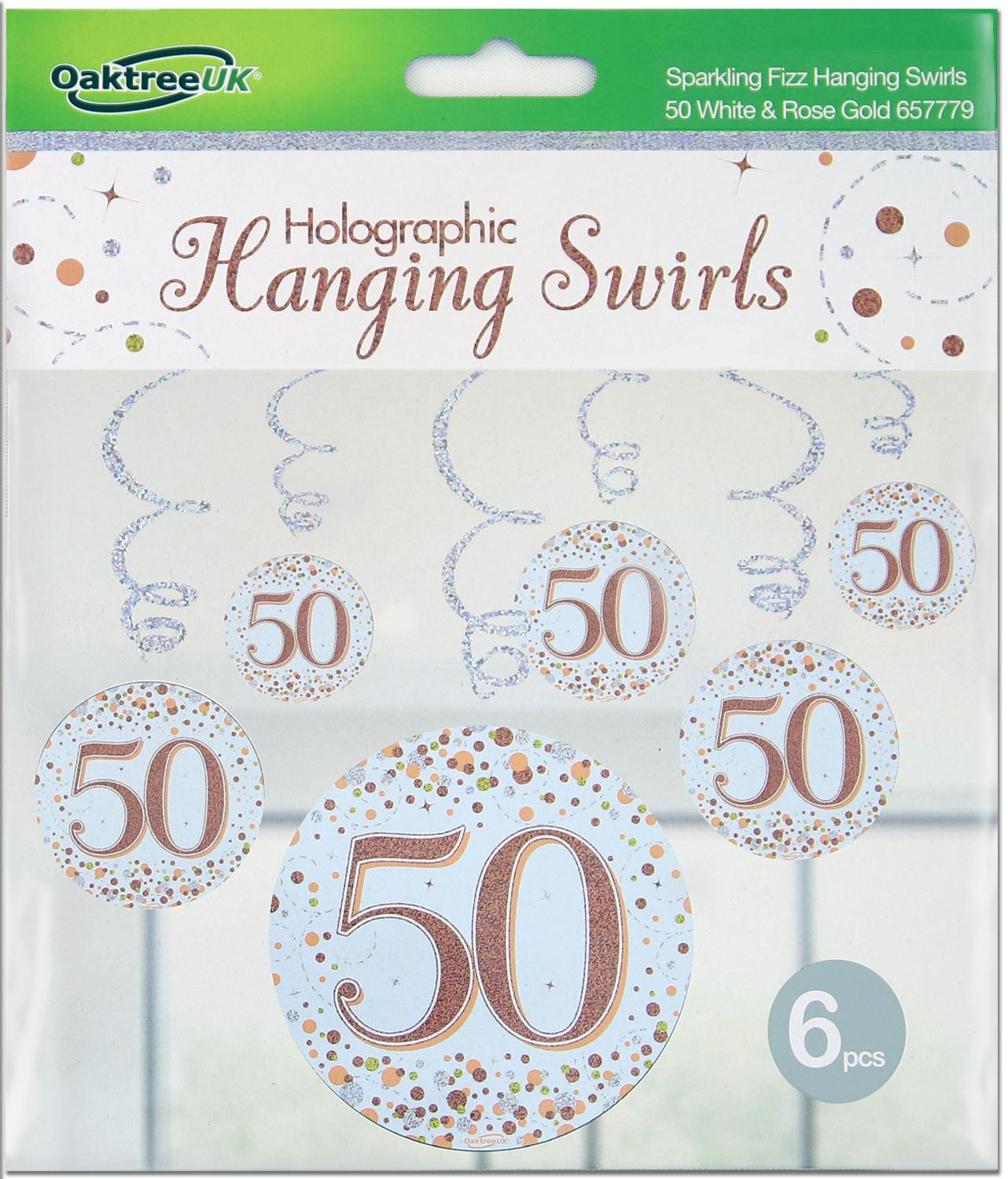 50th White & Rose Gold Sparkling Fizz Hanging Swirls 6pcs