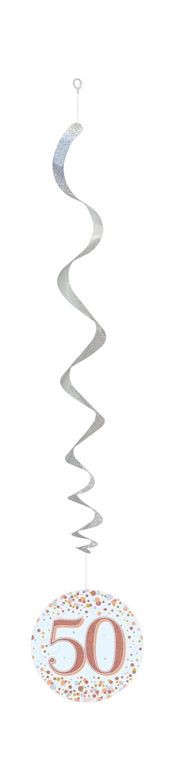 50th White & Rose Gold Sparkling Fizz Hanging Swirls 6pcs