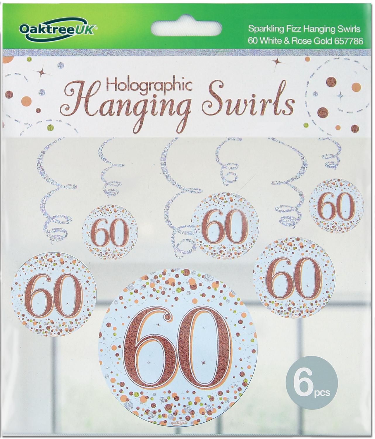 60th White & Rose Gold Sparkling Fizz Hanging Swirls 6pcs