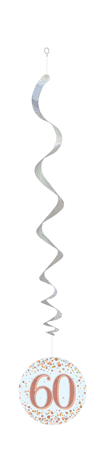 60th White & Rose Gold Sparkling Fizz Hanging Swirls 6pcs