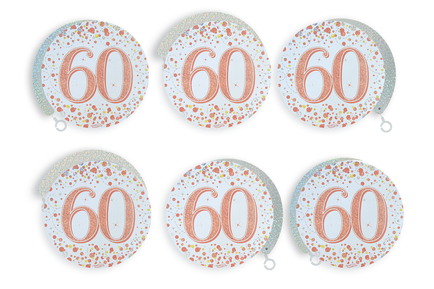 60th White & Rose Gold Sparkling Fizz Hanging Swirls 6pcs