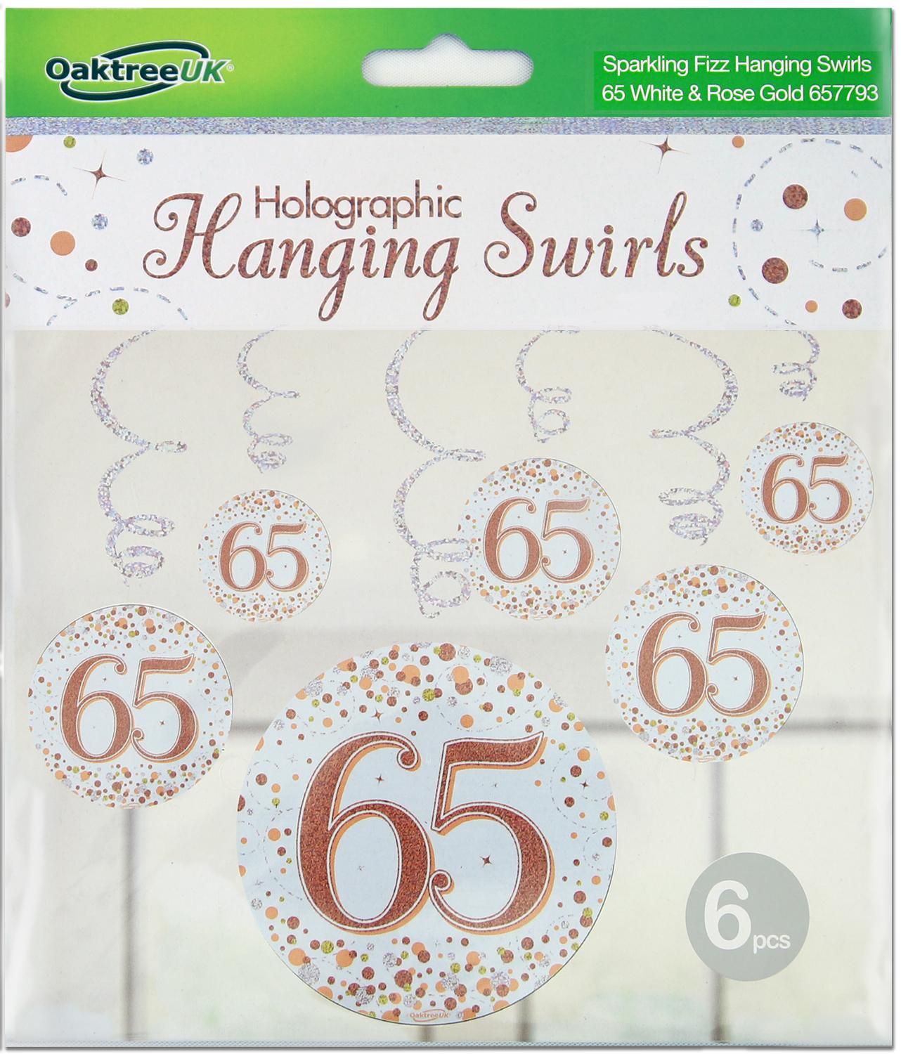 65th White & Rose Gold Sparkling Fizz Hanging Swirls 6pcs