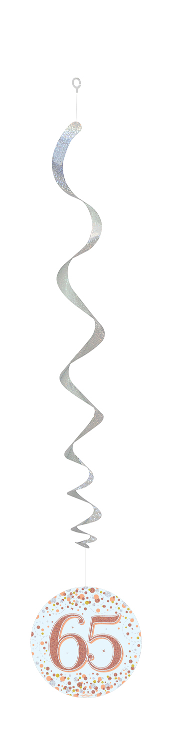 65th White & Rose Gold Sparkling Fizz Hanging Swirls  6pcs