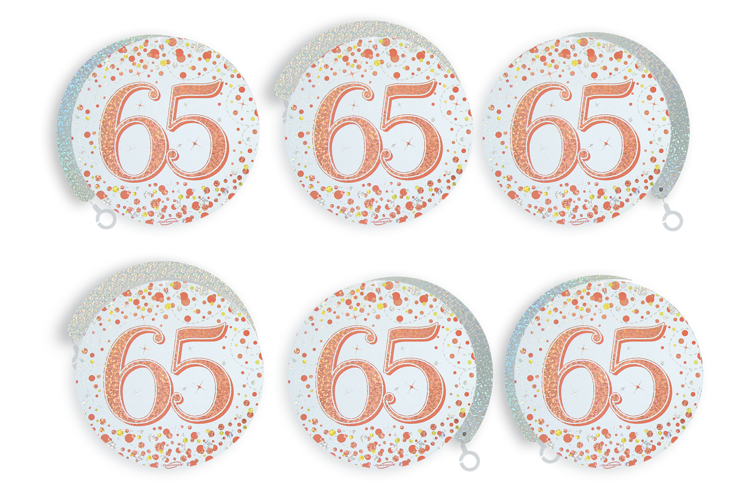 65th White & Rose Gold Sparkling Fizz Hanging Swirls  6pcs