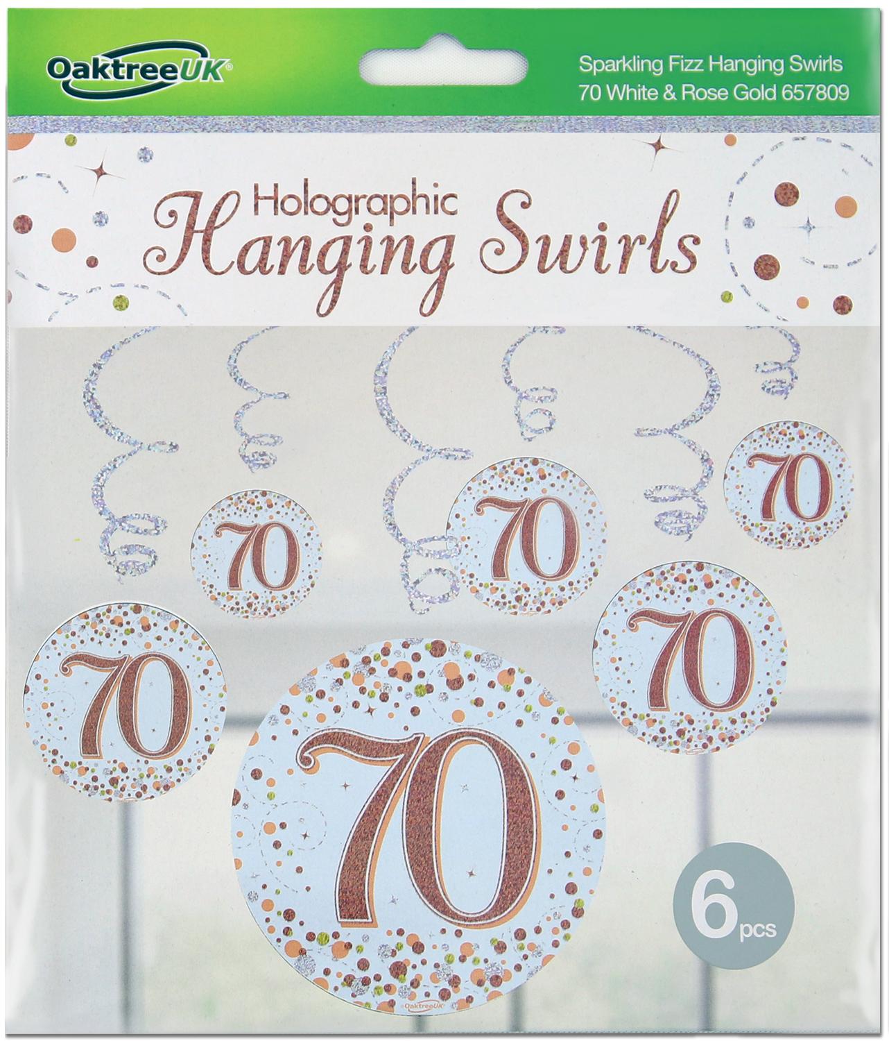 70th White & Rose Gold Sparkling Fizz Hanging Swirls  6pcs