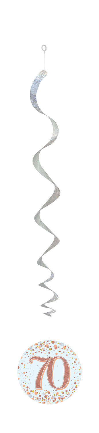 70th White & Rose Gold Sparkling Fizz Hanging Swirls  6pcs