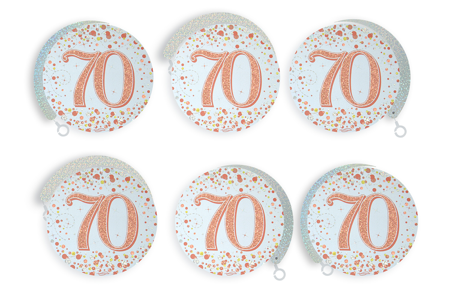 70th White & Rose Gold Sparkling Fizz Hanging Swirls  6pcs