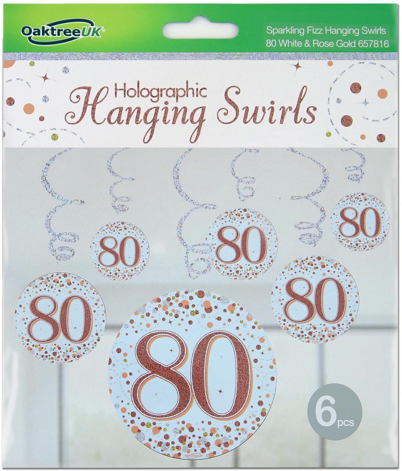 80th White & Rose Gold Sparkling Fizz Hanging Swirls 6pcs