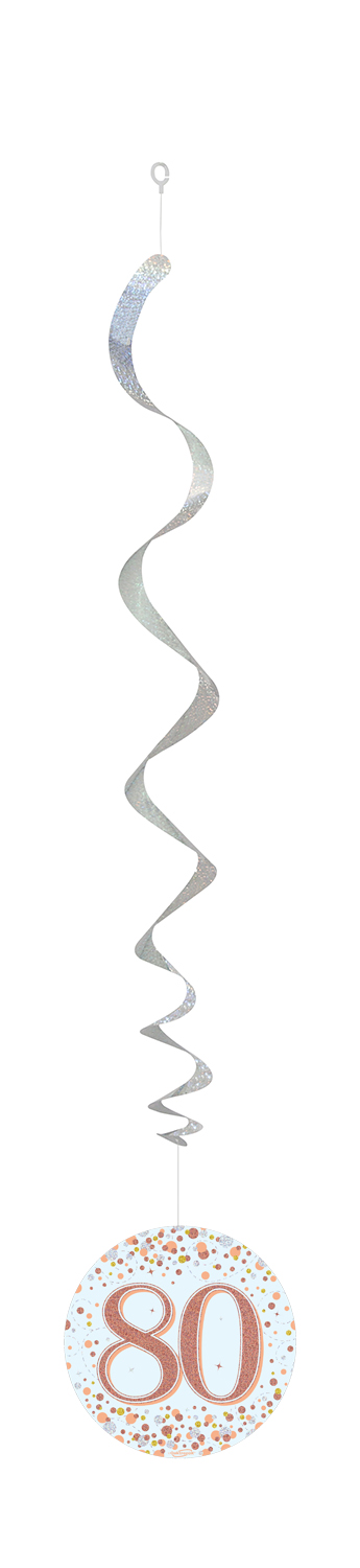 80th White & Rose Gold Sparkling Fizz Hanging Swirls 6pcs