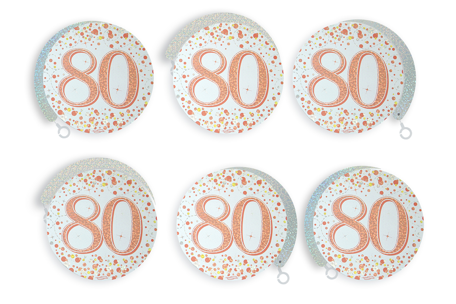 80th White & Rose Gold Sparkling Fizz Hanging Swirls 6pcs