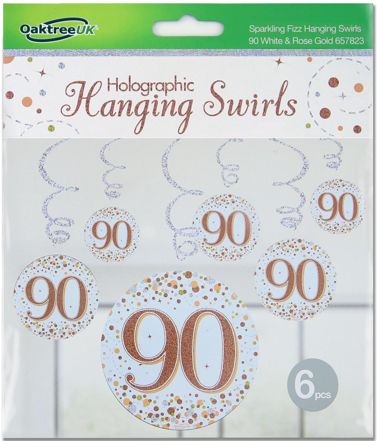 90th White & Rose Gold Sparkling Fizz Hanging Swirls 6pcs