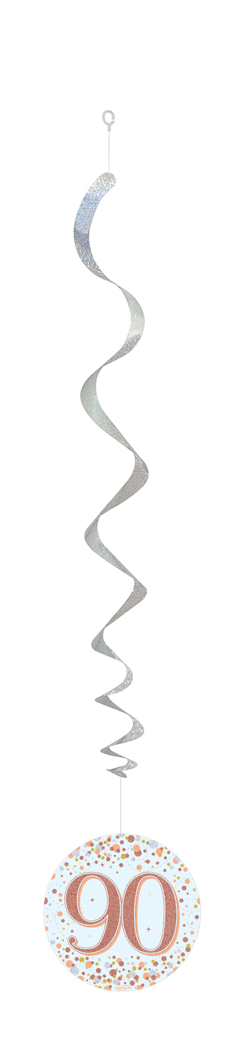 90th White & Rose Gold Sparkling Fizz Hanging Swirls 6pcs