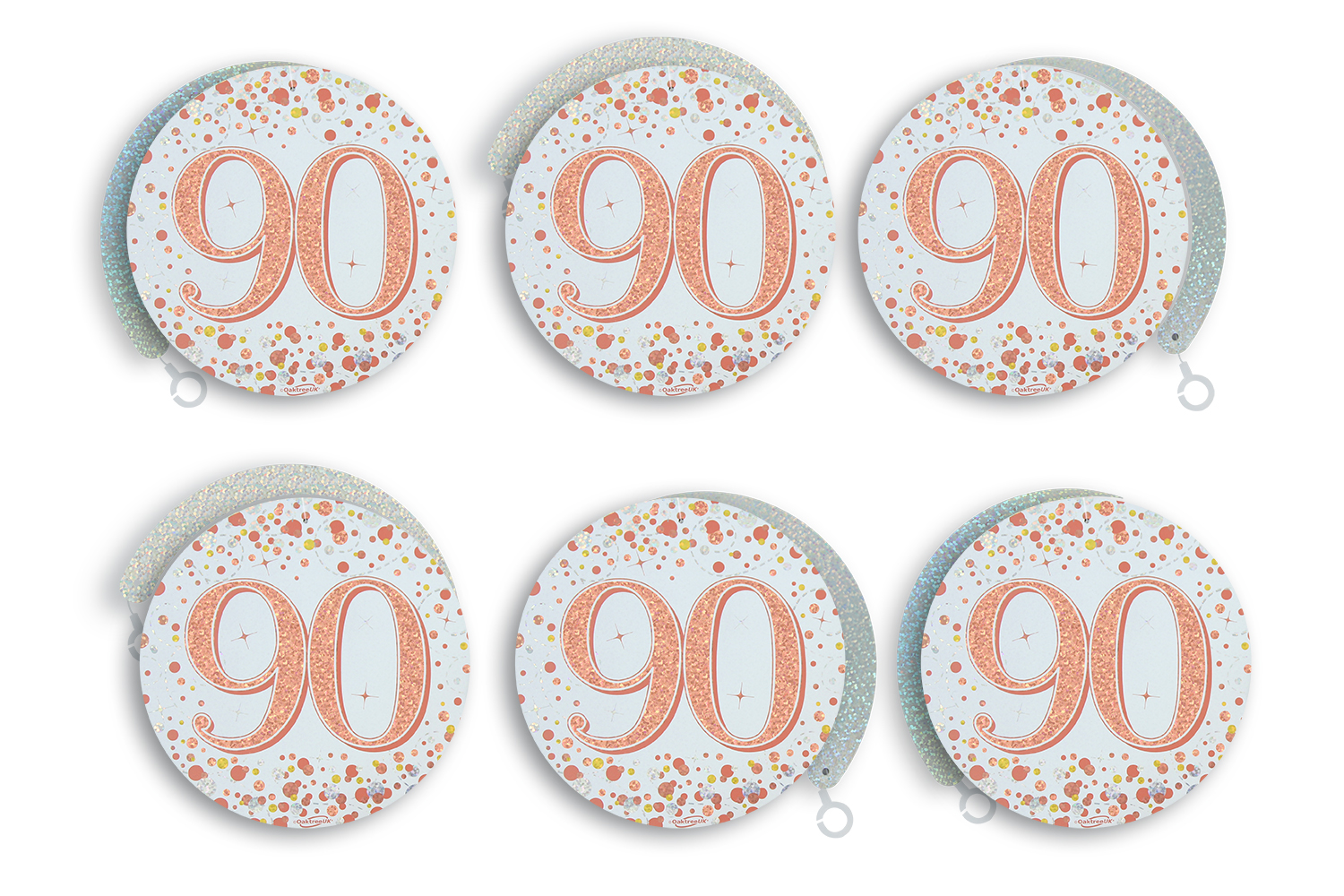 90th White & Rose Gold Sparkling Fizz Hanging Swirls 6pcs