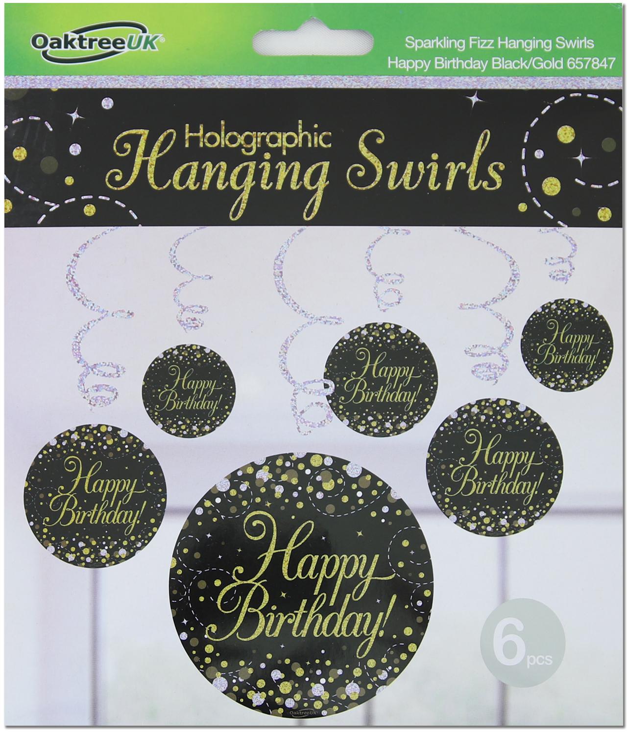 Happy Birthday Black / Gold Sparkling Fizz Hanging Swirls 6pcs