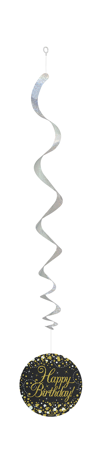 Happy Birthday Black / Gold Sparkling Fizz Hanging Swirls 6pcs